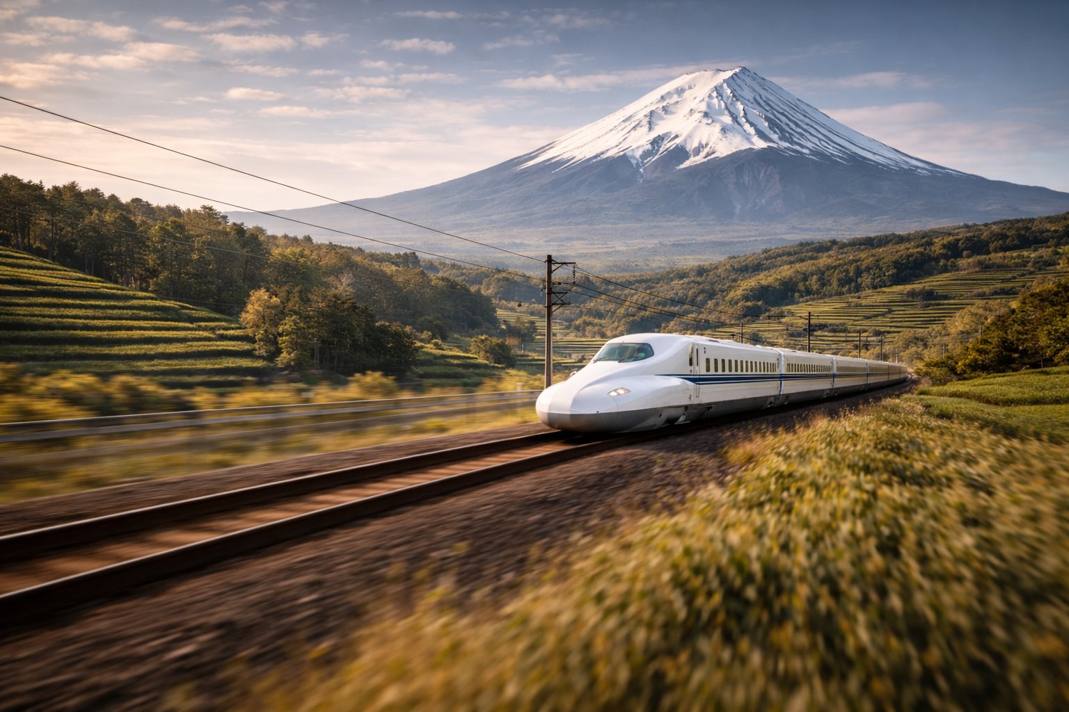 Nozomi N700S Shinkansen bullet train speeding through rural Shizuoka with Mount Fuji rising in the background