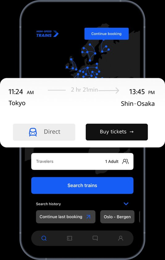 High-Speed Trains app showing Tokyo to Shin-Osaka train search