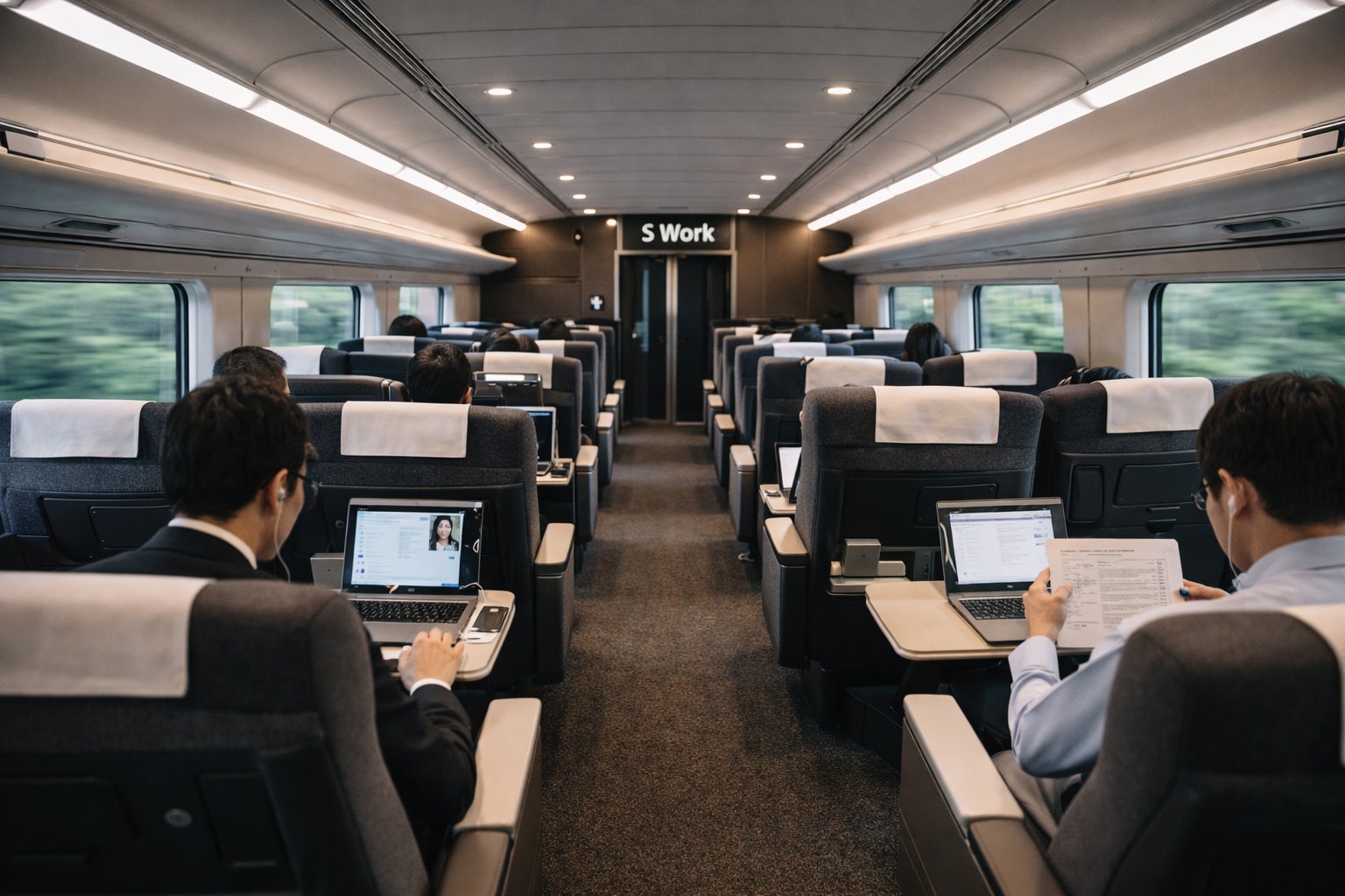 Nozomi S Work Car interior with business passengers working on laptops, S Work sign visible at the carriage door