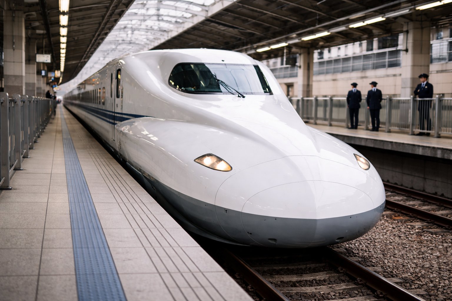 Nozomi N700S Shinkansen at a Japanese station platform, aerodynamic nose facing forward with uniformed JR staff standing on the platform