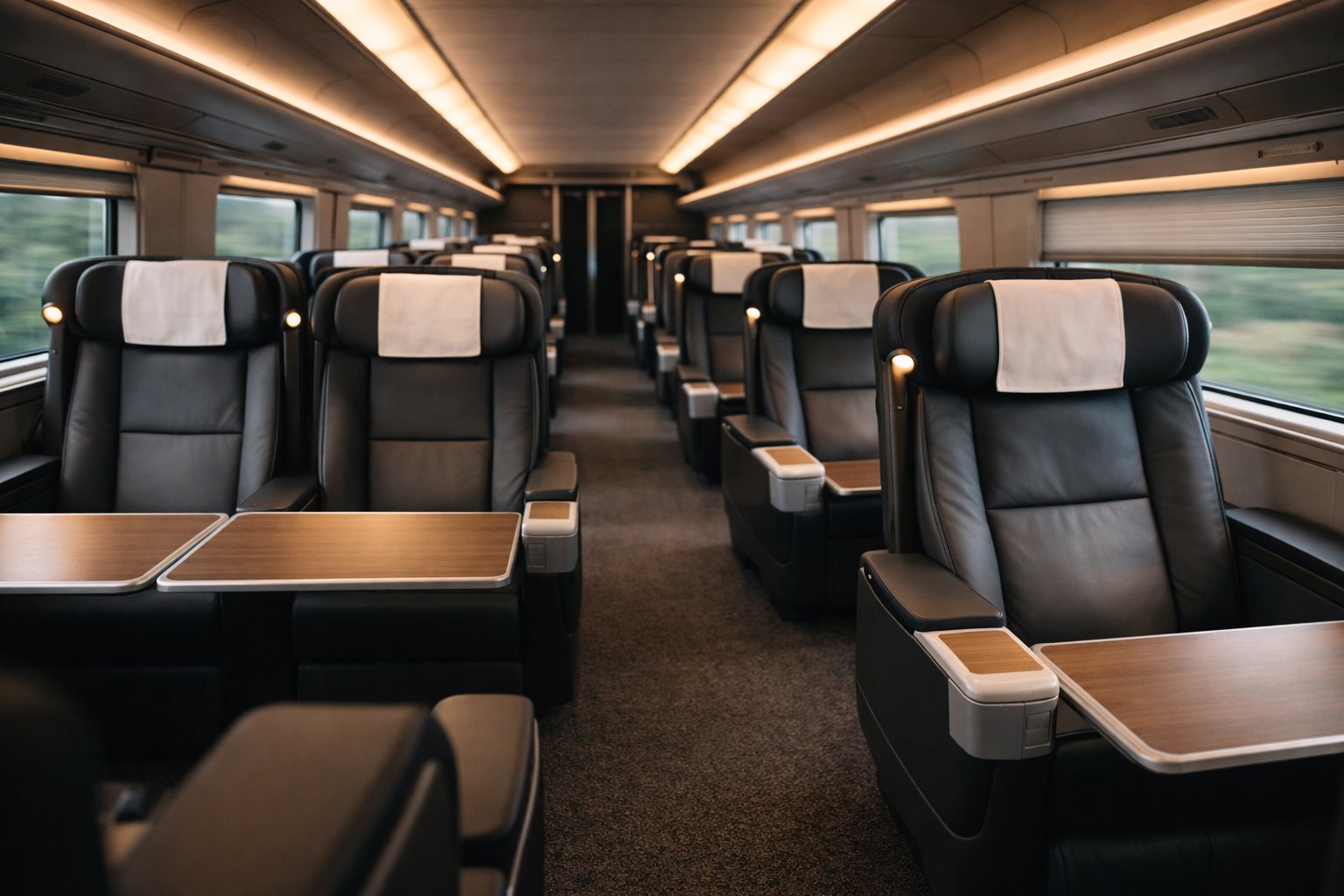 Nozomi Shinkansen Green Car first class cabin with wide moquette seats in 2+2 configuration and extended wooden tray tables