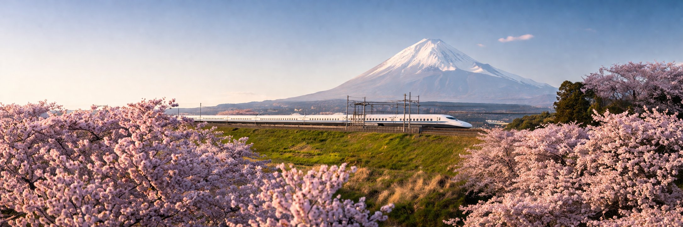 Nozomi Shinkansen passing through cherry blossom trees with Mount Fuji in the background
